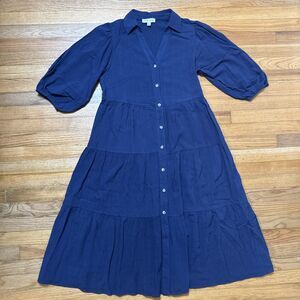 She + Sky Blue Midi Dress Small Puff Sleeve Button Front Linen Rayon Pockets